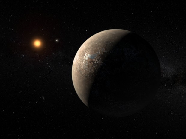 Ilustração mostra o planeta Proxima b orbitando ao redor da anã vermelha Proxima Centauri, vizinha mais próxima do Sol  (Foto: ESO/M. Kornmesser)