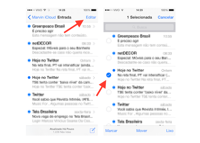 Selecionando um e-mail que será enviado para uma outra caixa de entrada no Mail para iOS (Foto: Reprodução/Marvin Costa)