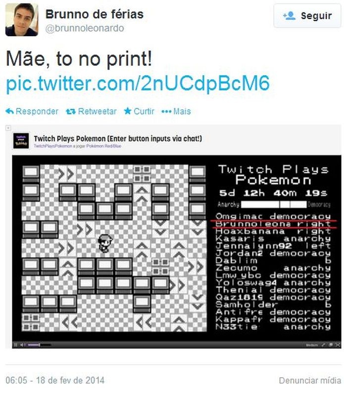 Brunno Leonardo de Jesus Silva conseguiu aparecer na tela de jogo de Twitch Plays Pokémon (Foto: Reprodução/@brunnoleonardo/Twitter)