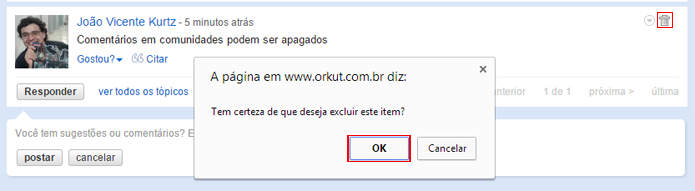 Comentários individuais podem ser excluídos da rede social (foto: Reprodução/Orkut)