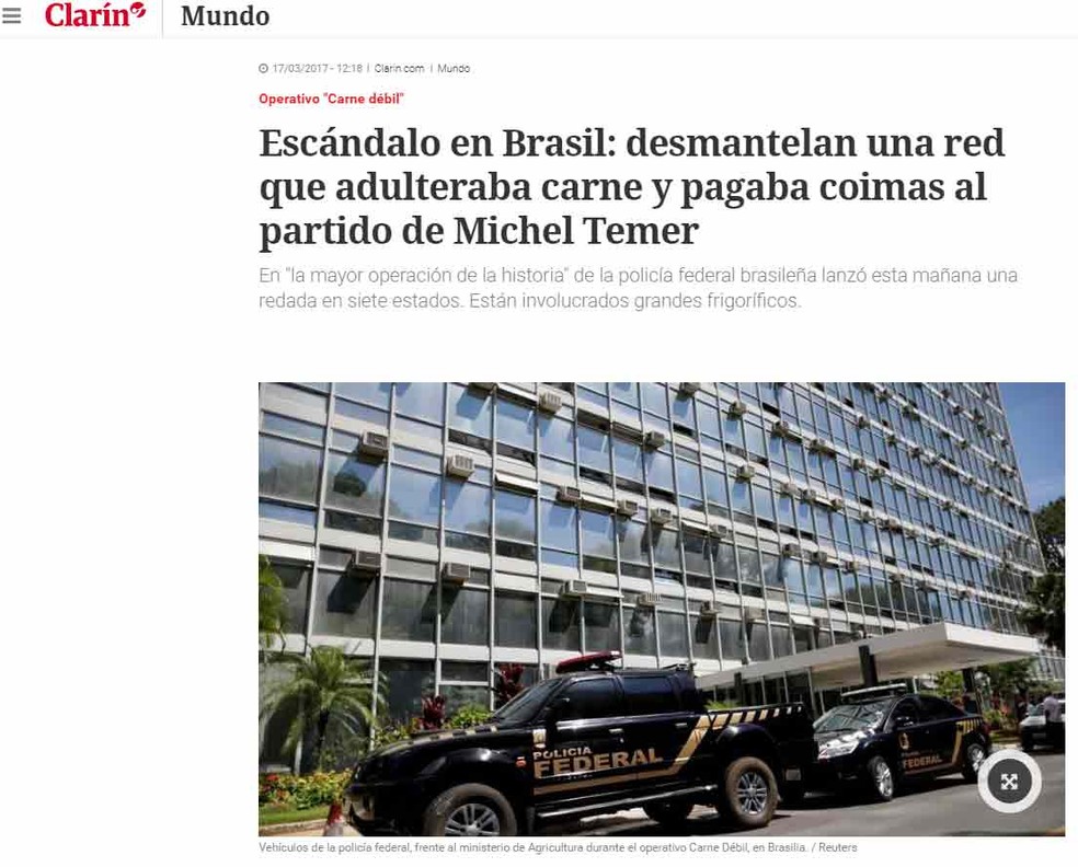 Jornal argentino El Clarín noticia operação Carne Fraca no Brasil: 
