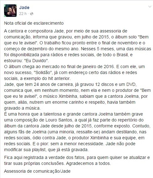 Post de Jade em rede social (Foto: Reprodução/Facebook)