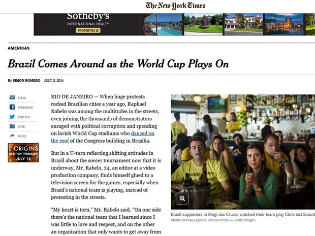 Reportagem do NYT fala da relação entre protestos e aprovação da Copa