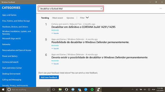 Windows Feedback também permite que pessoas façam pesquisas por tópicos similares (Foto: Reprodução/Elson de Souza)