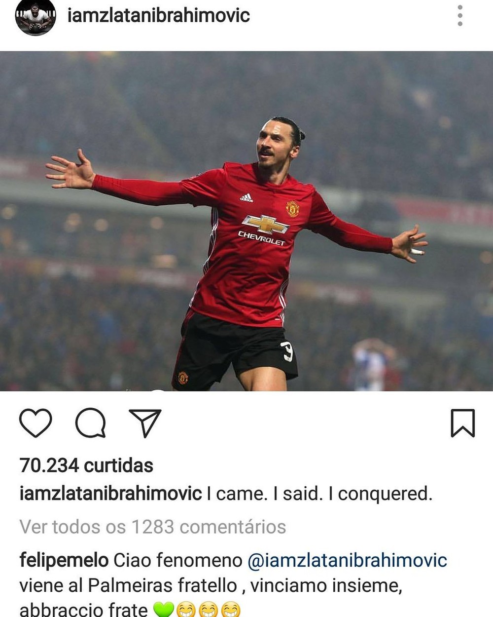  Em rede social, Felipe Melo pede para Ibrahimovic 'vir para o Palmeiras'