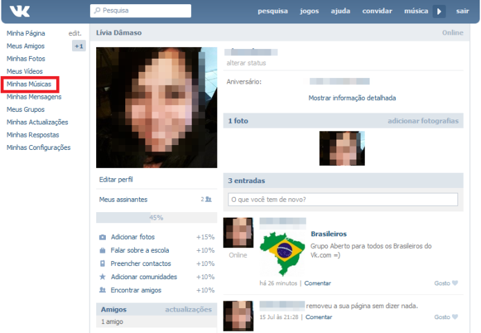 Perfil no VK (Foto: Reprodução/Lívia Dâmaso)