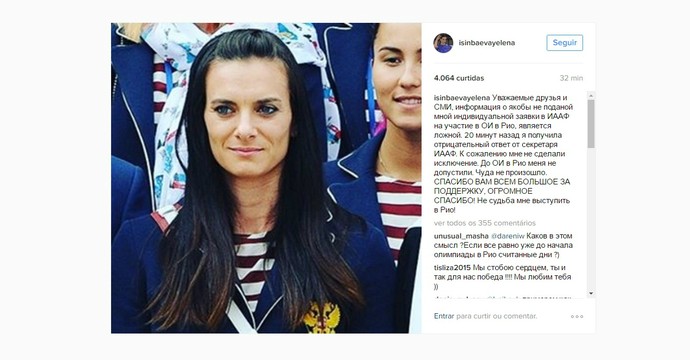 Yelena Isinbayeva post desistência Rio 2016 (Foto: Reprodução / Instagram)