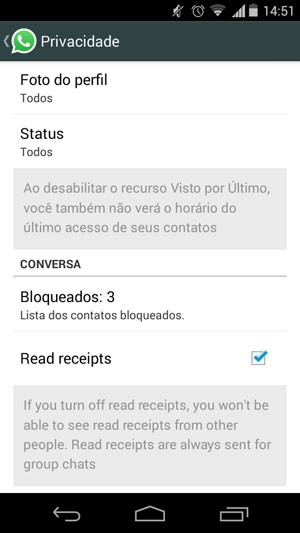 WhatsApp liberou atualização para permitir que usuários do Android desabilitem sinalização de mensagens lidas. (Foto: Reprodução/WhatsApp)