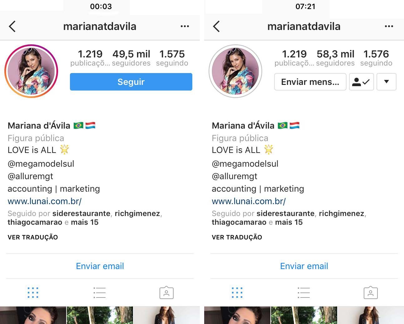 Mariana ganhou quase 10 mil seguidores em poucas horas após a declaração de Caio (Foto: Reprodução/Instagram)