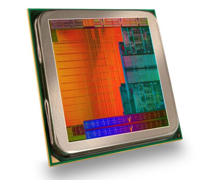 O bloco do Kaveri carrega os processadores (laranja), núcleos gráficos (verde), memória de troca (azul) e codificadores de mídia (topo) em apenas 4 cm² (Foto: Divulgação/AMD)