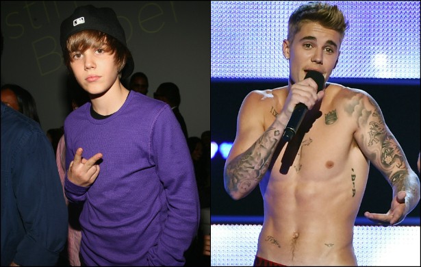 Em 2009, Justin Bieber tinha 15 anos e zero masculinidade. Hoje, com 20 anos e processo de puberdade praticamente completo, o astro canadense exibe um corpão tatuado que só não chama mais atenção do que suas polêmicas e passagens pela polícia. (Foto: Getty Images)