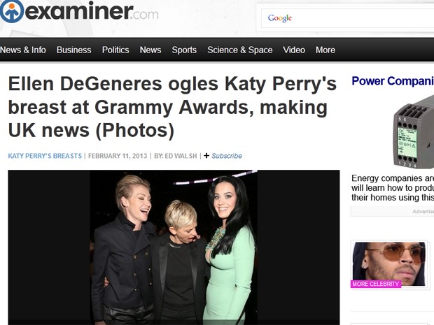 Site Examiner mostra a apresentadora de TV Ellen Degeneres "chocada" com o decote de Katy Perry na festa do Grammy no domingo (10) (Foto: Reprodução/Examiner.com)