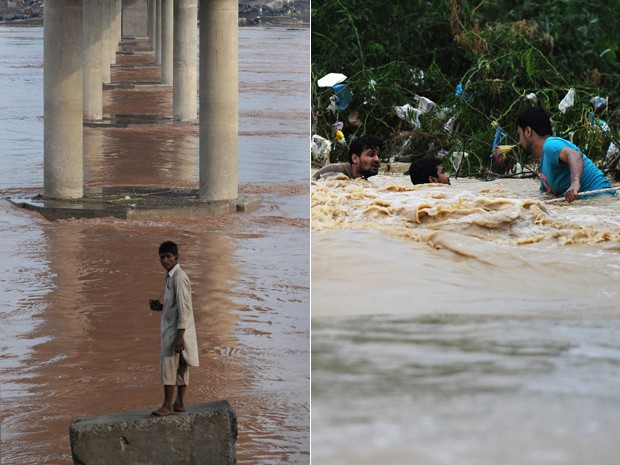 População do Paquistão é atingida por enchentes em Karachi, maior cidade do país (Foto: AFP/Arif Ali e AFP/Asif Hassan)