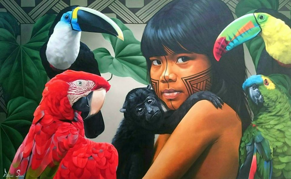 Obra mostra criana indgena com aves silvestres (Foto: Petterson Silva/ Arquivo pessoal)