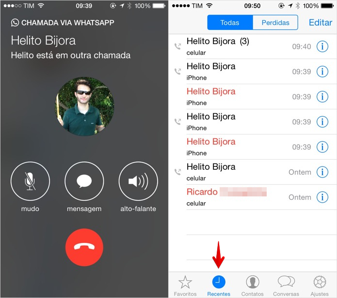 Fazendo ligações no WhatsApp para iPhone (Foto: Reprodução/Helito Bijora)