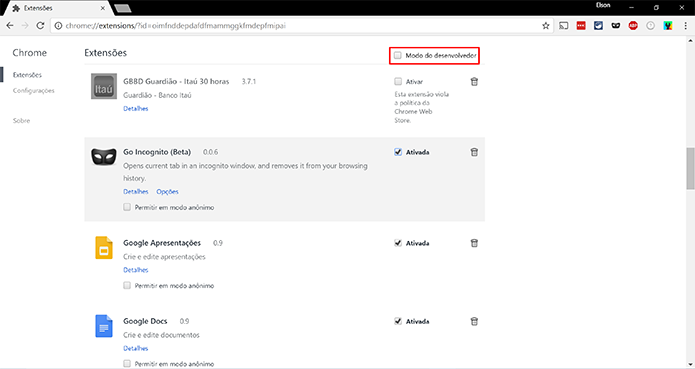 Clique para ativar o modo de desenvolvedor para instalar extensões fora da Web Store (Foto: Reprodução/Elson de Souza)