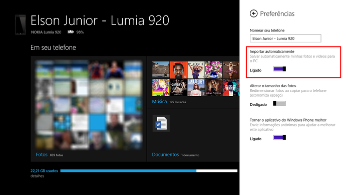 Ative sincronização automática de imagens entre Windows Phone e Windows 8 para transferir fotos (Foto: Reprodução/Elson de Souza)