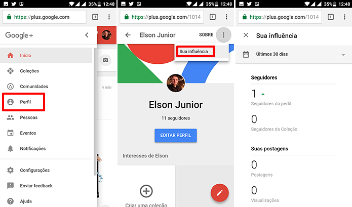Google+ também pode mostrar estatísticas do perfil no navegador do celular (Foto: Reprodução/Elson de Souza)