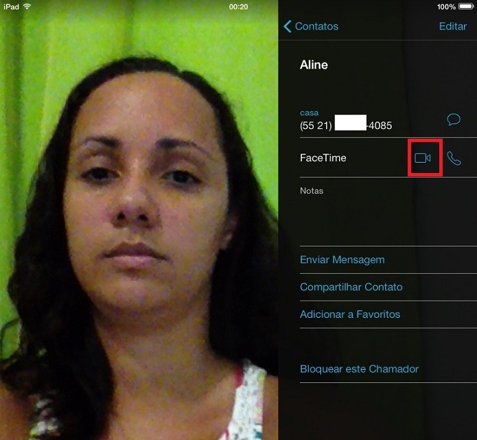 Imagem mostra localização do ícone que inicia chamadas no FaceTime pelo iPad (Foto: Aline Jesus/Reprodução) Imagem mostra localização do ícone que inicia chamadas no FaceTime pelo iPad (Foto: Aline Jesus/Reprodução)