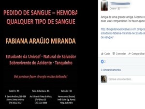 Amigos usam redes sociais para pedir doações de sangue (Foto: Reprodução / Facebook) Amigos usam redes sociais para pedir doações de sangue (Foto: Reprodução / Facebook)