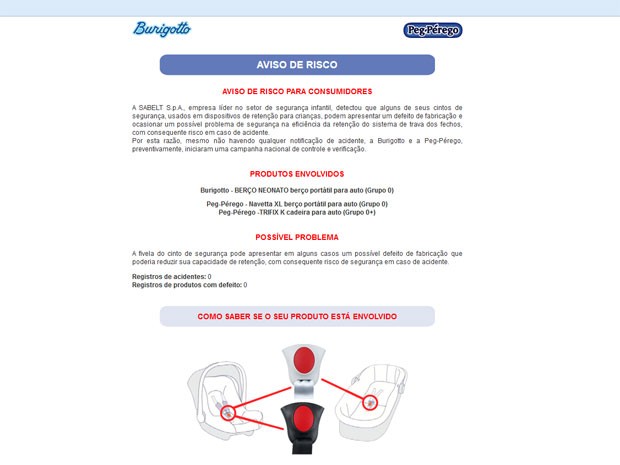 Burigotto traz informação sobre recall de modelos de bebê-conforto em seu site  (Foto: Reprodução)