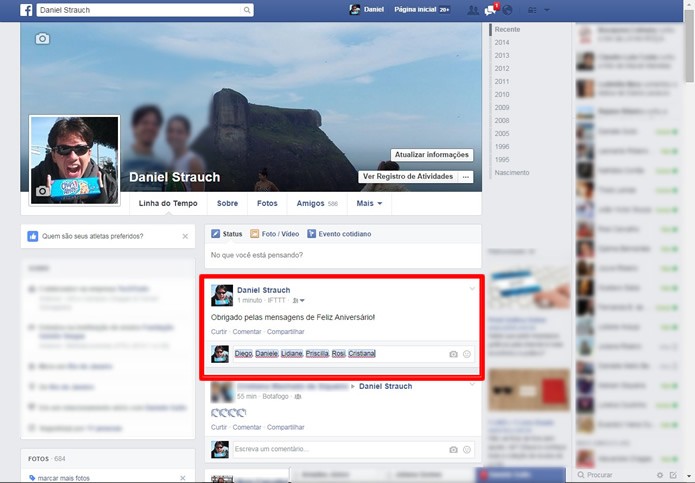 Disparada a resposta automática, vá até a publicação no Facebook e crie um comentário marcando os contatos que lhe parabenizaram para individualizar sua resposta (Foto: Reprodução/Daniel Ribeiro)