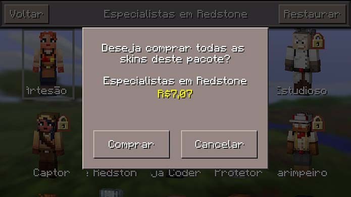 Algumas das skins de Minecraft Pocket Edition são pagas (Foto: Reprodução/Murilo Molina)