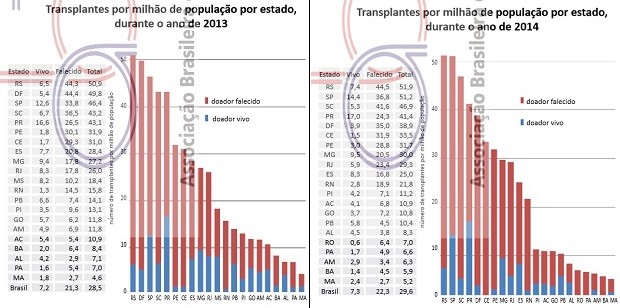 Tabela mostra proporção de tranplantes de rins por estado do país (Foto: Registro Brasileiro de Transplante/Reprodução)