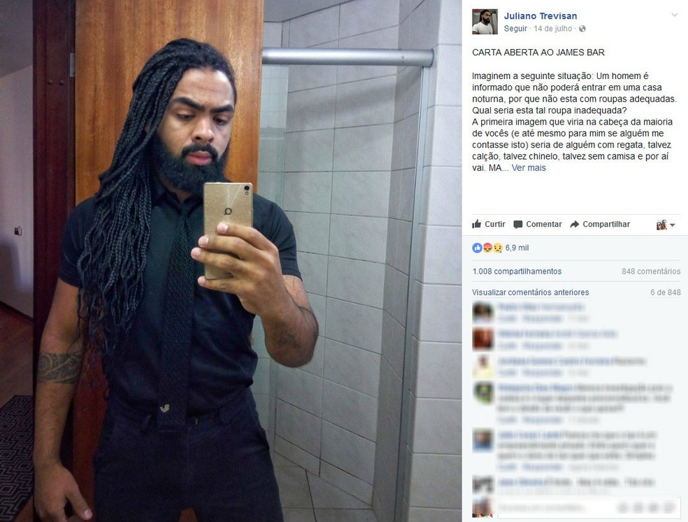 Advogado relata ter sido barrado em entrada de bar por estar â€œparecendo um seguranÃ§aâ€  (Foto: ReproduÃ§Ã£o/ Facebook)