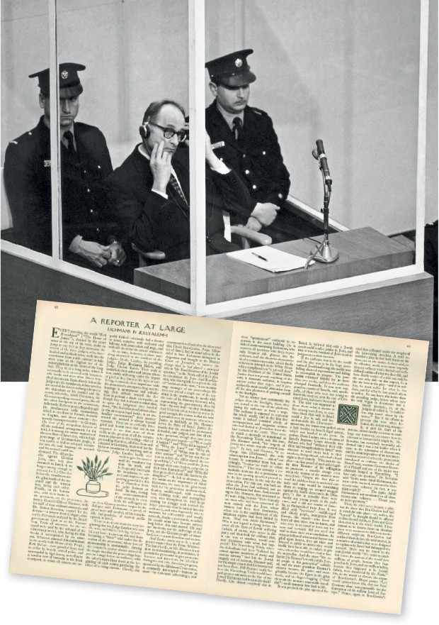 PERFIL DO CRIMINOSO Eichmann no julgamento, sob a proteção de uma gaiola de vidro à prova de bala. Na reportagem publicada pela New Yorker (à dir.), ele é retratado como um imbecil – não um facínora (Foto: Keystone-France/Gamma-Keystone via Getty) PERFIL DO CRIMINOSO Eichmann no julgamento, sob a proteção de uma gaiola de vidro à prova de bala. Na reportagem publicada pela New Yorker (à dir.), ele é retratado como um imbecil – não um facínora (Foto: Keystone-France/Gamma-Keystone via Getty)