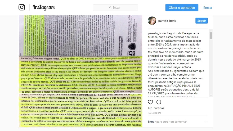 Após vazamento de fotos íntimas, ex-primeira-dama da Paraíba Pâmela Bório publicou boletim de ocorrência sobre celular hackeado (Foto: Reprodução/Instagram/pamela_borio)