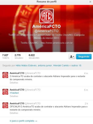 América TO "contrata" atacante Adriano Imperador para o restante do Campeonato Mineiro. Será? (Foto: Reprodução Twitter Oficial do América TO)