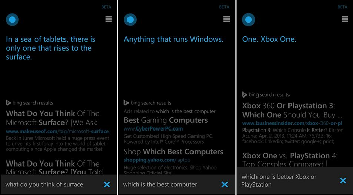 Microsoft colocou respostas elogiando seus produtos na Cortana (Foto: Reprodução/Thiago Barros)
