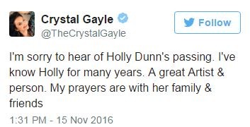 Crystal Gale sobre morte de Holly Dunn (Foto: Reprodução / Twitter)