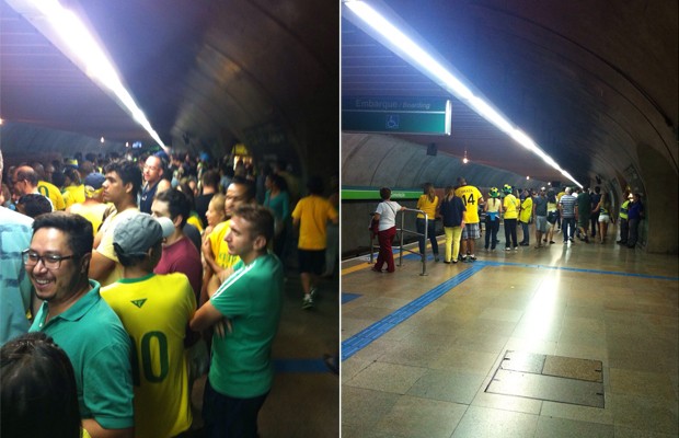 A estação Consolação do metrô, na Avenida Paulista, no dia 15 de março (à esq.) e neste domingo, 12 de abril, em fotos feitas no mesmo horário (Foto: Thais Lazzeri/ÉPOCA)