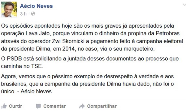 Pubilcação do senador Aécio Neves no Facebook sobre a operação Acarajé (Foto: Reprodução/Facebook)