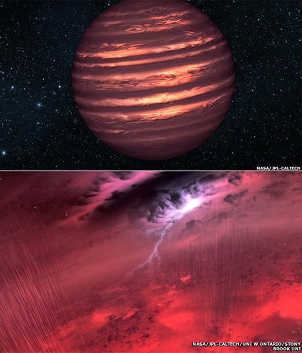 Na imagem acima mostra estrela anã marrom, uma espécie de astro "fracassado" que não adquiriu massa suficiente; na segunda imagem, Ilustração mostra como seria o clima na estrela anã marrom (Foto: Nasa/JPL/University Ontario/BBC)