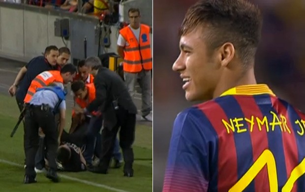 Neymar ri de invasor em jogo do Barcelona (Foto: Reprodução SporTV)