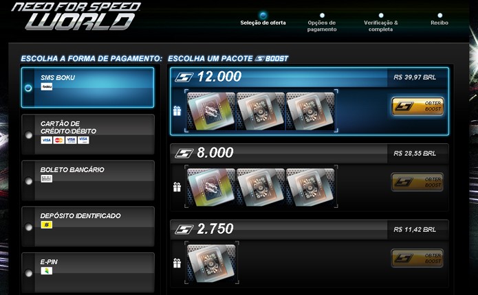 Há diversas formas de pagamento para comprar SpeedBoost no site oficial do jogo (Foto: Reprodução)