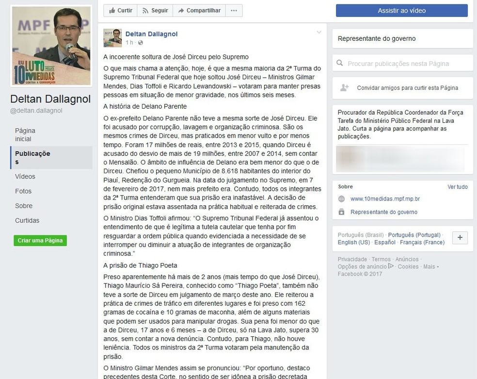 Procurador criticou a decisão da 2ª turma do STF (Foto: Reprodução/Facebook)