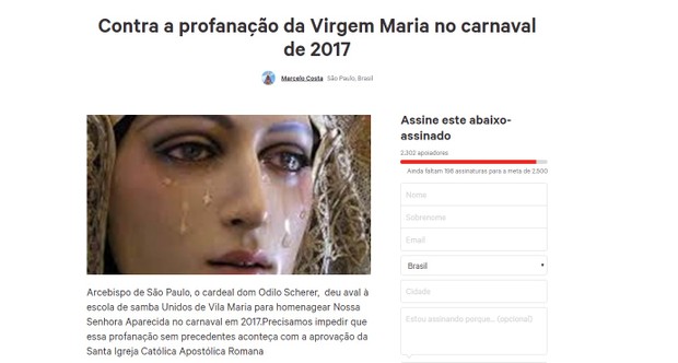 Change.org abriga abaixo-assinado contra desfile da Unidos da Vila Maria (Foto: Reprodução)