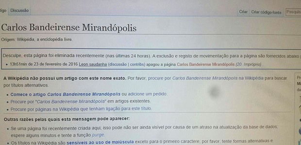 Página da Wikipedia com informações sobre a eliminação do perfil do jurista fictício Carlos Bandeirense Mirandópolis (Foto: Reprodução/Wikipedia)