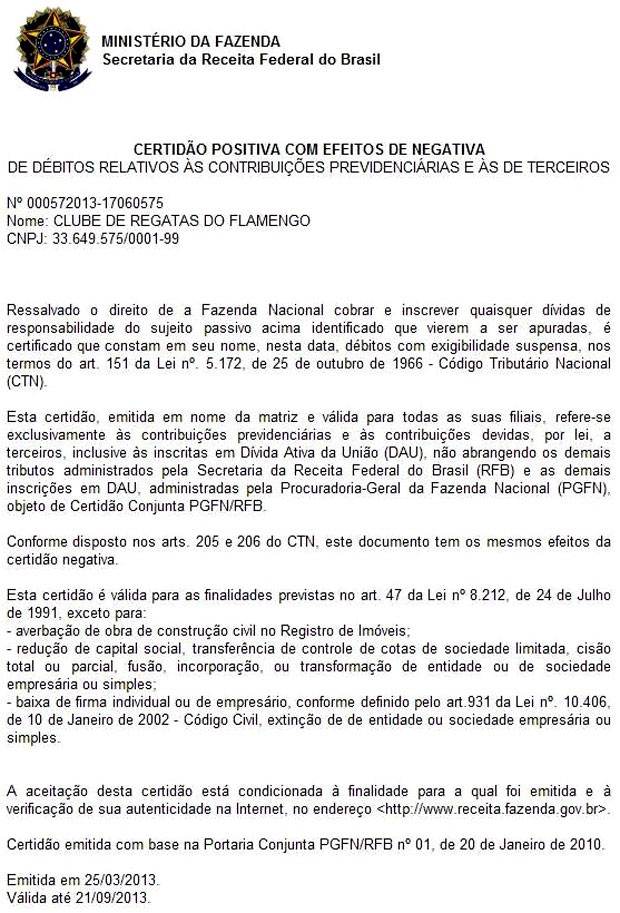 Documento Flamengo certidão INSS (Foto: Reprodução)