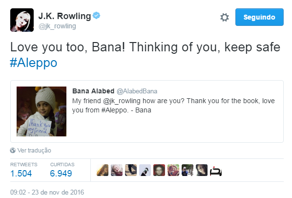 J.K. Rowling evia livros para garota síria (Foto: Reprodução/Twitter)