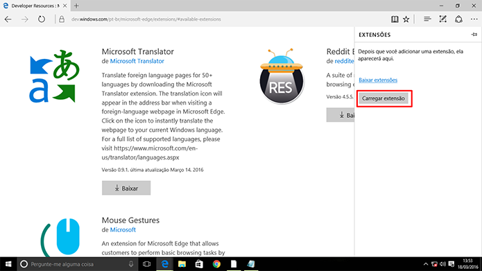 Usuário precisa carregar a extensão no Microsoft Edge (Foto: Reprodução/Elson de Souza)