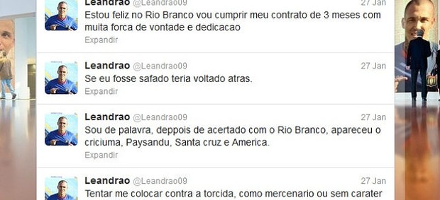 Leandrão garante que vai permanecer no Rio Branco para a Série A2 (Foto: Reprodução/Twitter)