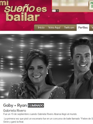 Gabriela Rivero e seu parceiro Ryan aparecem como eliminados no site do programa 
