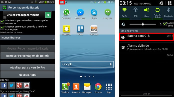 Com a barra de notificações aberta ou minimizada, o mostrador deste app sempre exibirá a percentagem da carga de seu aparelho (Foto: Reprodução/Daniel Ribeiro)