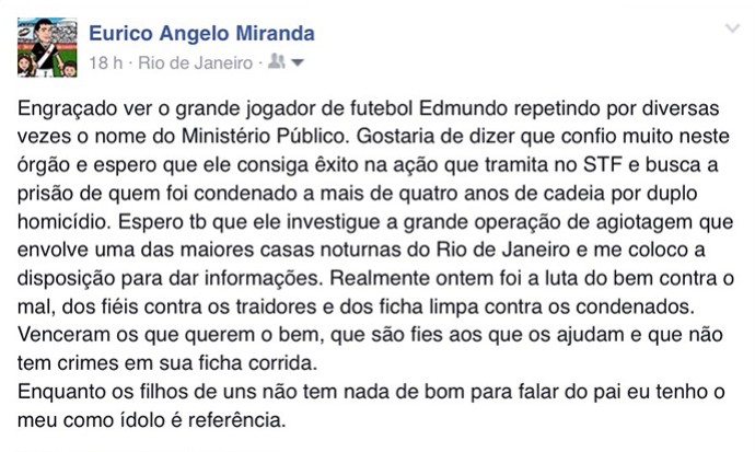 filho de Eurico defende o pai no Vasco (Foto: Reprodução / Facebook) filho de Eurico defende o pai no Vasco (Foto: Reprodução / Facebook)