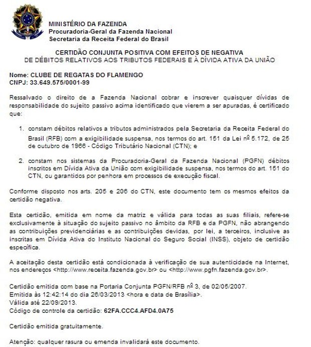 Documento Flamengo certidão negativa (Foto: Reprodução)